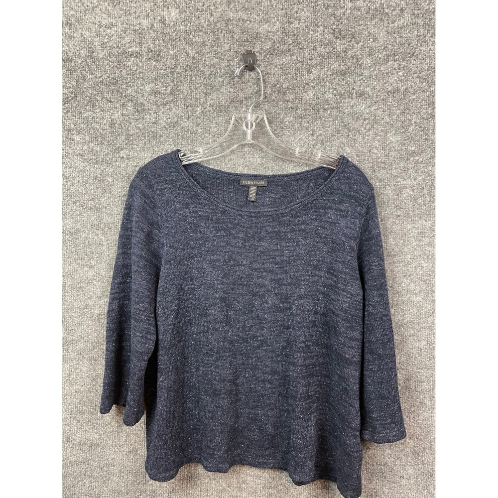 Eileen Fisher Sweater Top Women Large Black and Purple Marled Knit 3/4 Sleeve